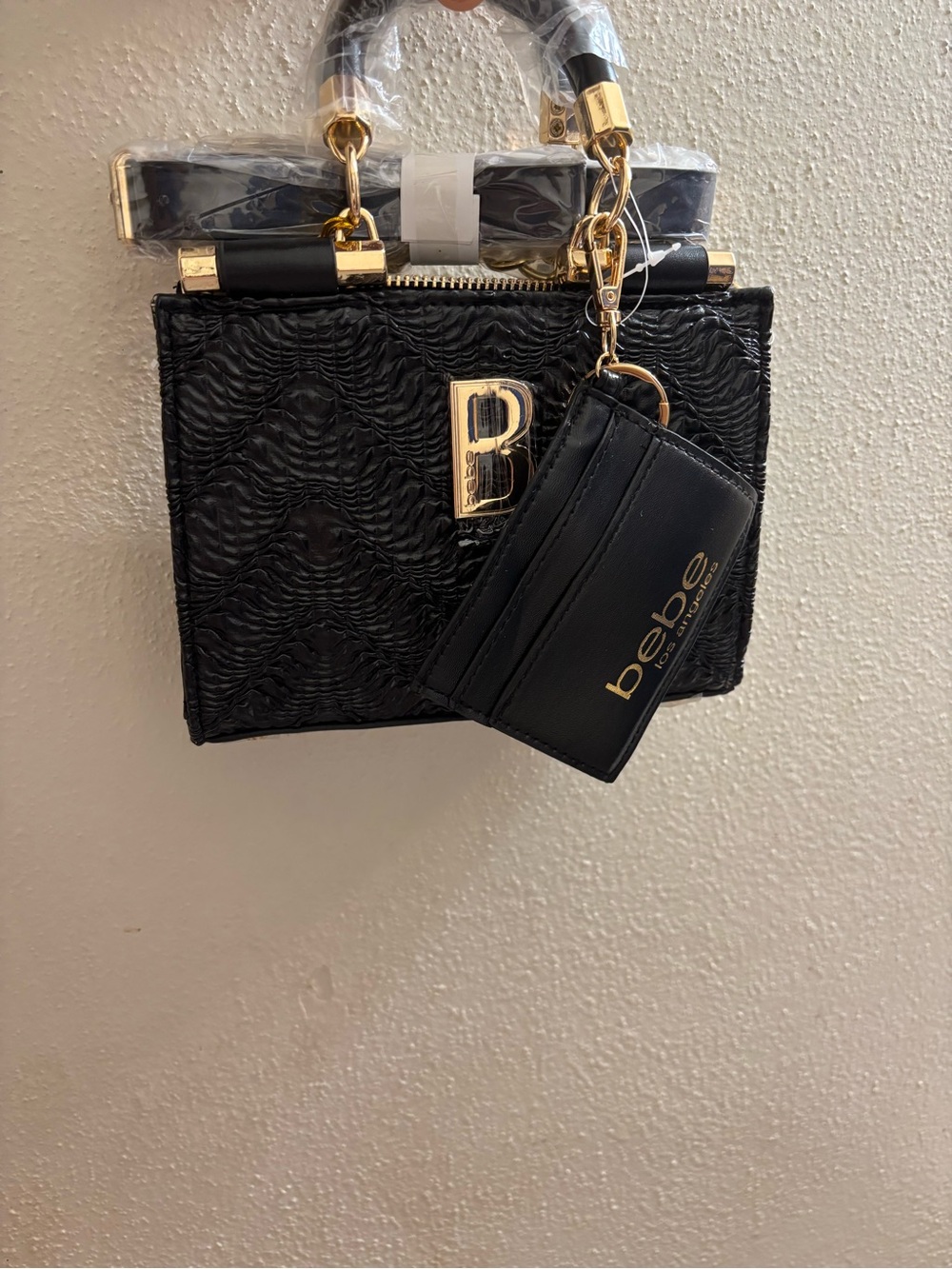 bebe Black Textured Mini Satchel with Gold B Accent